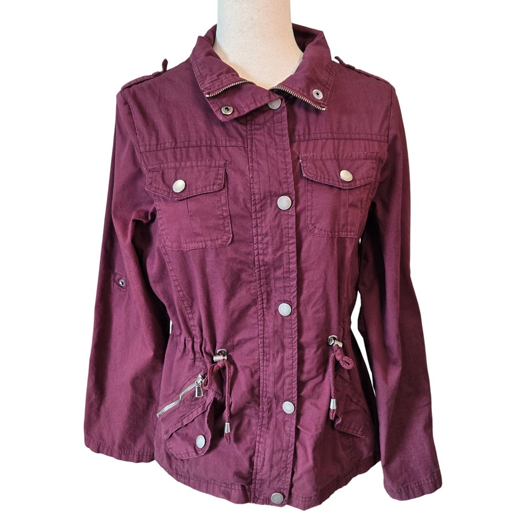 YMI Burgundy Cotton Blend Military Anorak Lined‎ Jacket Roll Tab Sleeve Size M